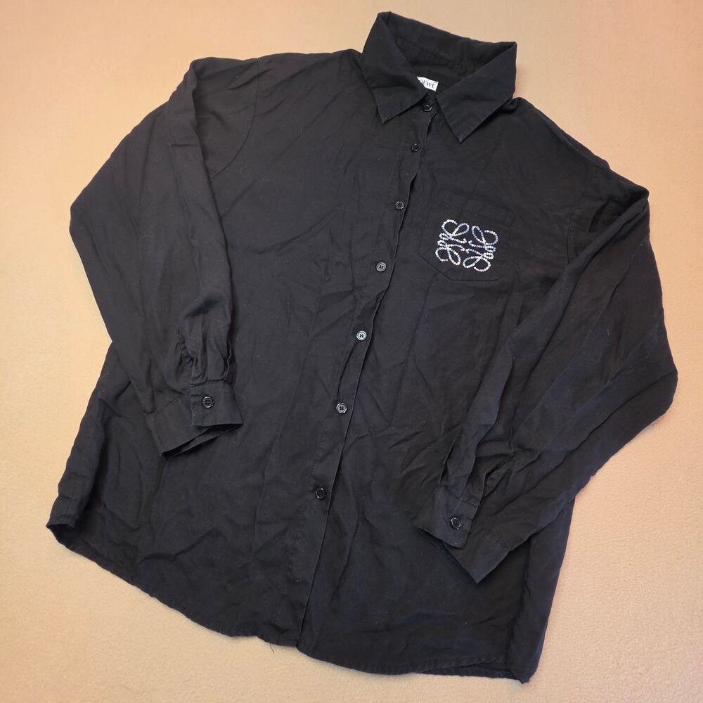 Loewe H6199590PC Black Cotton Anagram Rhinestone Button Shirt Sz Medium FLAWED - Picture 4 of 13